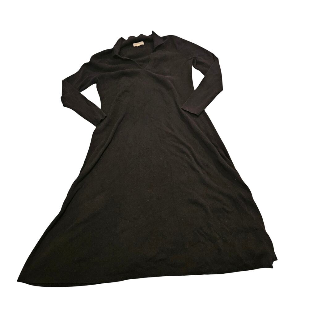 Treasure & Bond Black Knit Midi Dress XS Long Sleeve Collared V Neck Casual